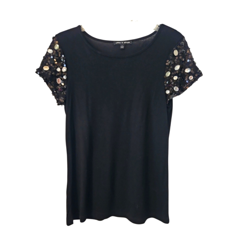 Cable & Gauge Black Embellished Short Sleeve Knit Top; Size M